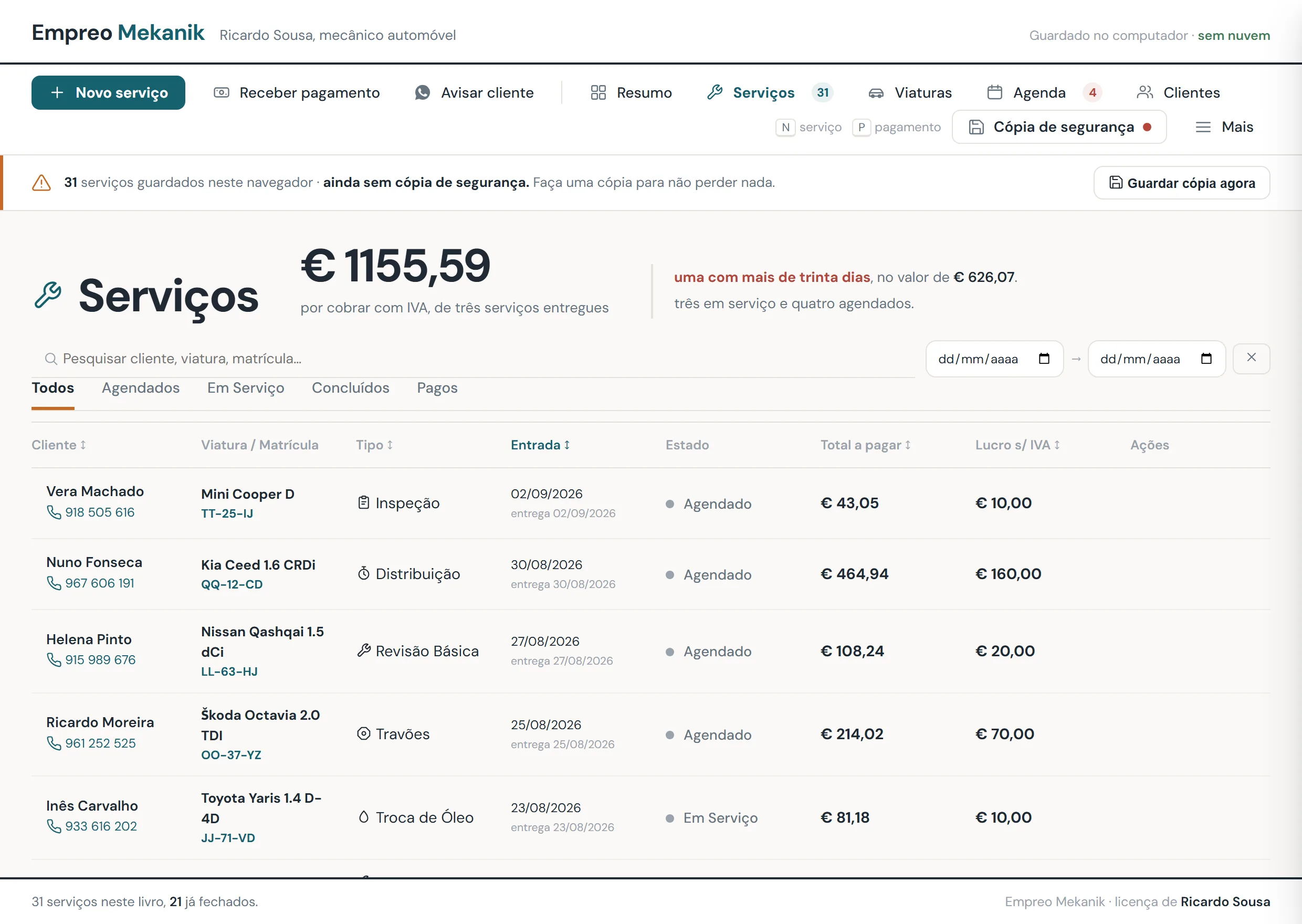Lista de serviços do Empreo Mekanik, com viatura, matrícula, estado, total a pagar e lucro sem IVA