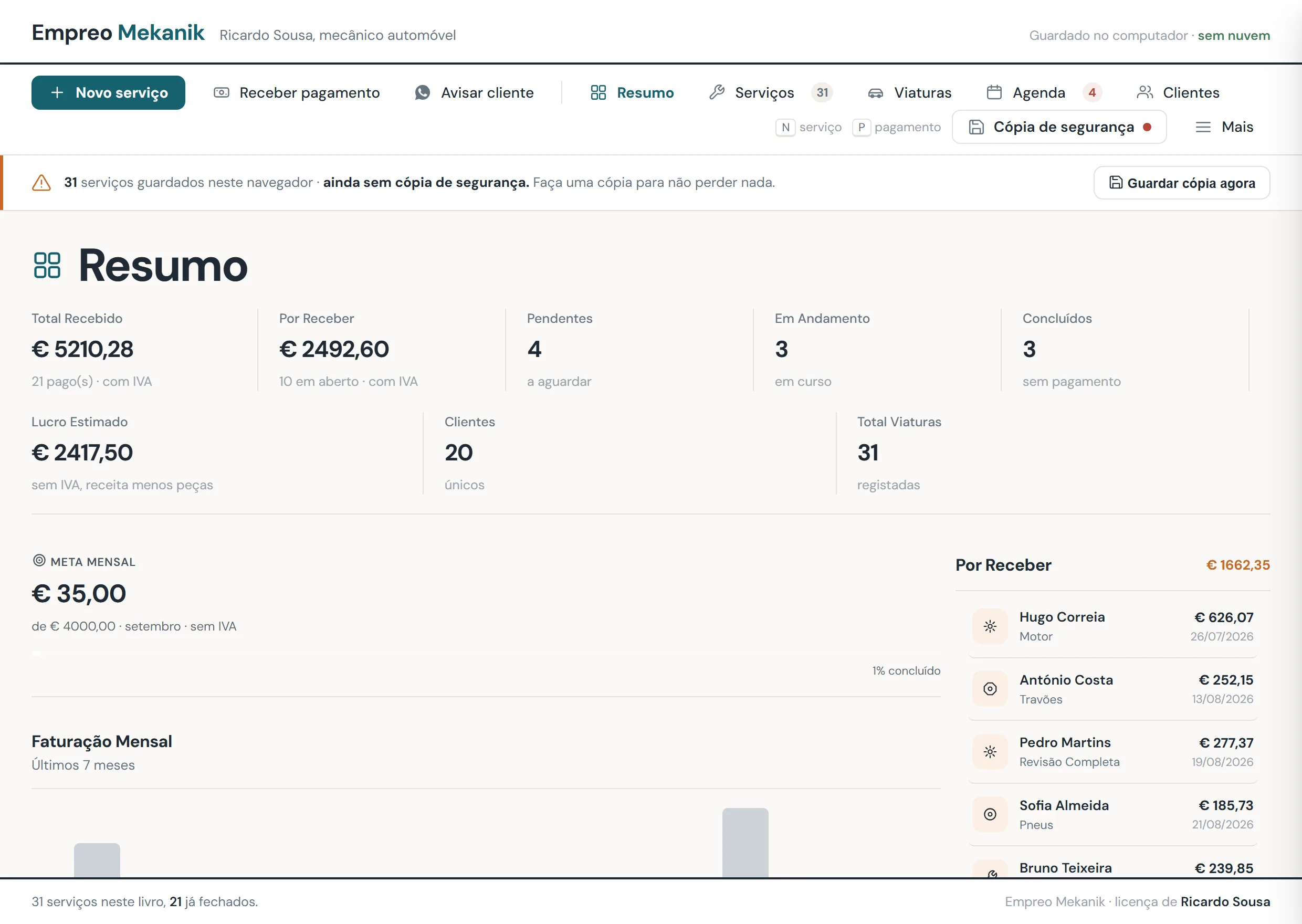 Resumo do Empreo Mekanik, com valores recebidos, por receber e serviços em curso