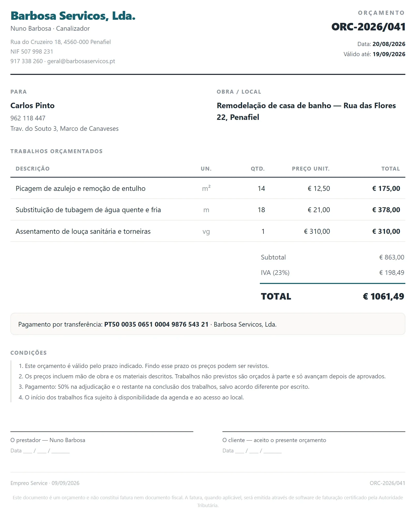 Orçamento impresso do Empreo Service, com timbre, NIF, linhas com unidade e quantidade, subtotal, IVA de 23 por cento, total, IBAN, condições e duas linhas de assinatura