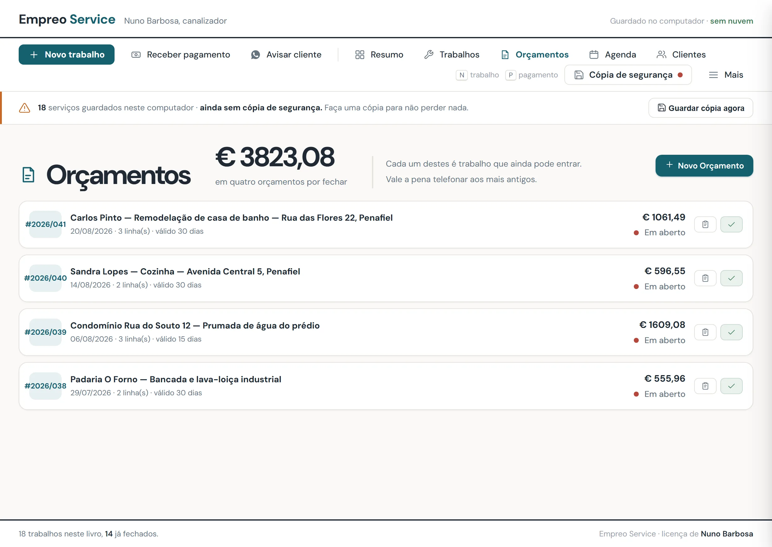 Lista de orçamentos do Empreo Service, com o valor de cada proposta em aberto