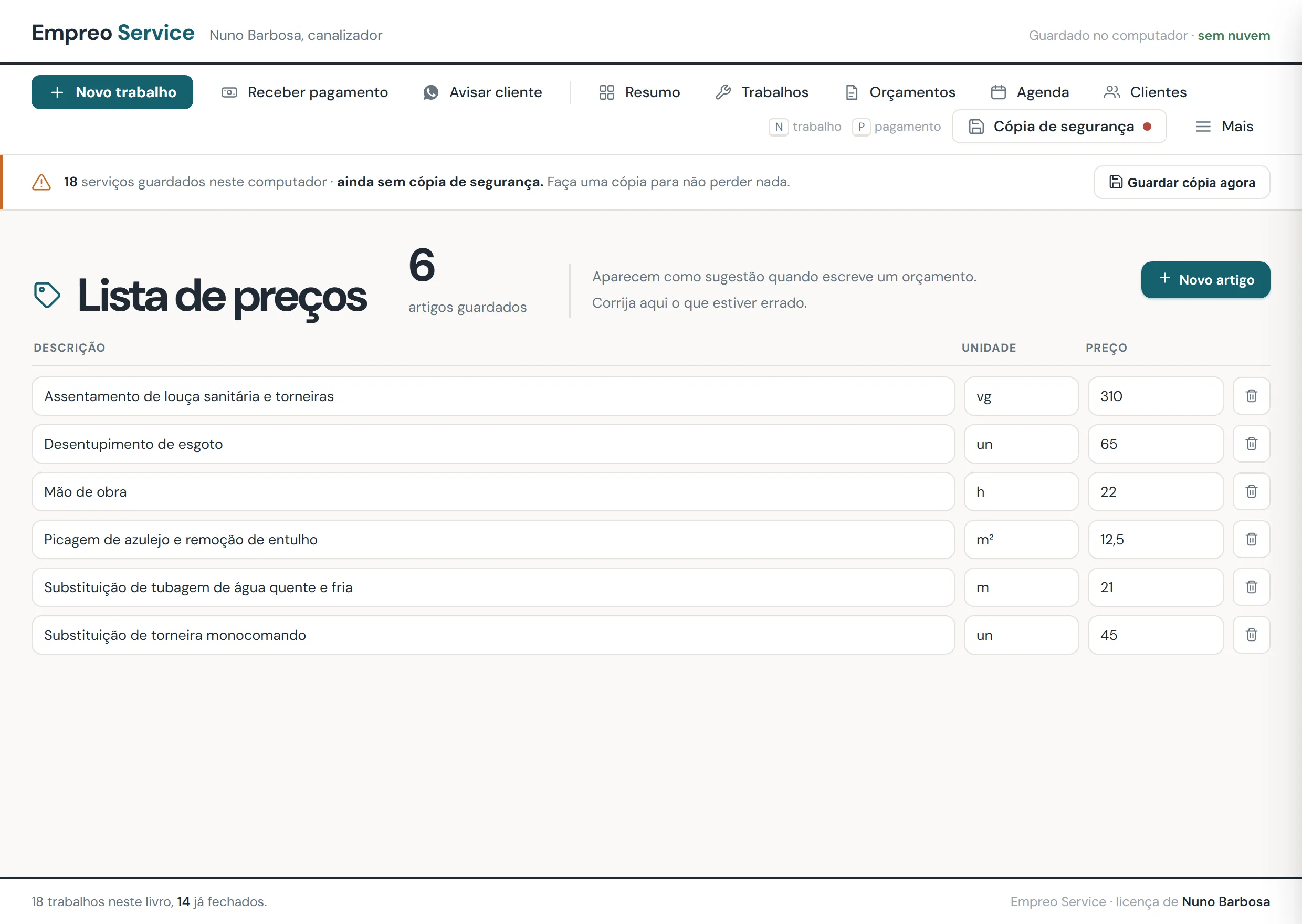 Lista de preços do Empreo Service, com a descrição, a unidade e o preço de cada artigo