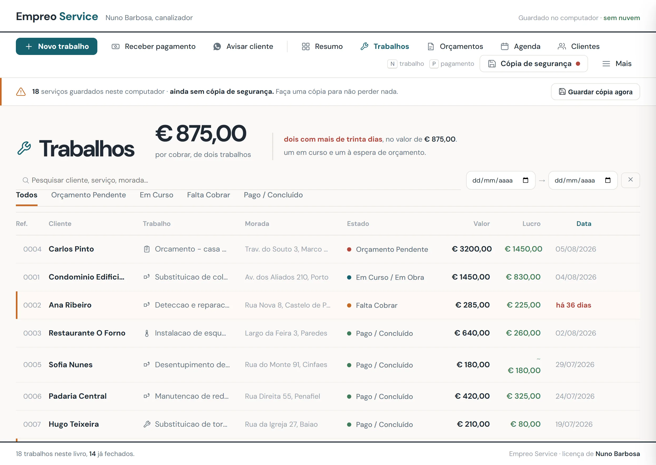 The jobs view of Empreo Service, a Windows application, showing customers, stages and outstanding amounts